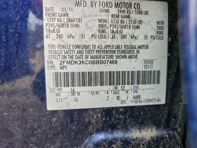 99338475 :رقم المزاد ، 2FMDK3KC0BBB07468 vin ، 2011 Ford Edge مزاد بيع
