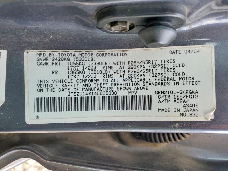 Aukcja sprzedaży 2004 Toyota 4runner, vin: JTEZU14R140035030, numer aukcji: 97967415