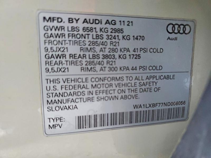 Aukcja sprzedaży 2022 Audi Q7, vin: WA1LXBF77ND006056, numer aukcji: 74459275