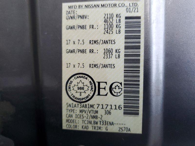 72504405 :رقم المزاد ، 5N1AT3AB1MC717116 vin ، 2021 Nissan Rogue مزاد بيع