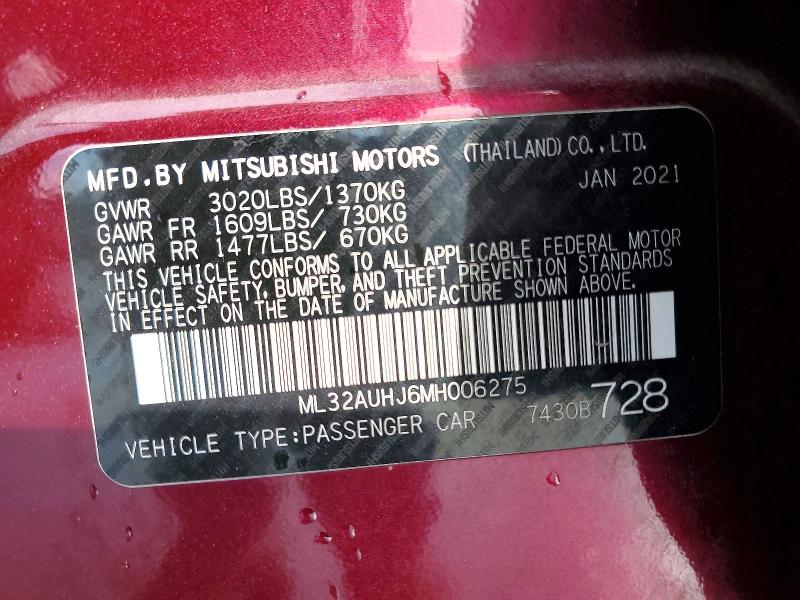 2021 Mitsubishi Mirage მანქანა იყიდება აუქციონზე, vin: ML32AUHJ6MH006275, აუქციონის ნომერი: 72345565