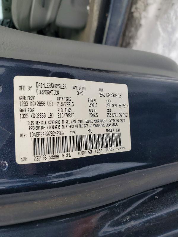 2007 Dodge Grand Cara მანქანა იყიდება აუქციონზე, vin: 1D4GP24R07B242867, აუქციონის ნომერი: 74629005