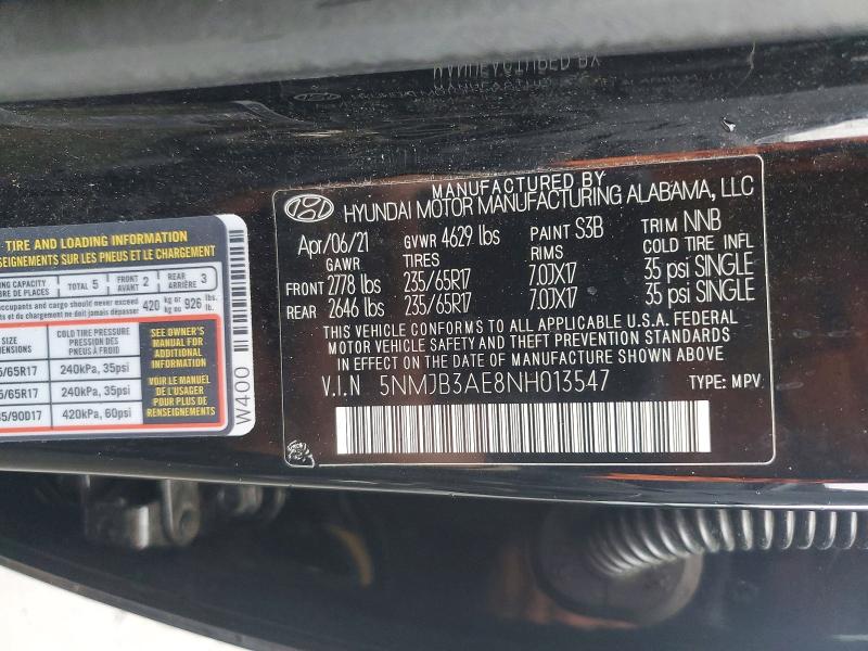 Aukcja sprzedaży 2022 Hyundai Tucson, vin: 5NMJB3AE8NH013547, numer aukcji: 97961175