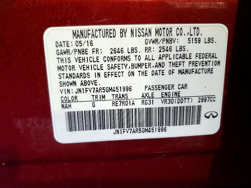 73952195 :رقم المزاد ، JN1FV7AR5GM451996 vin ، 2016 Infiniti Q50 Red Sp مزاد بيع