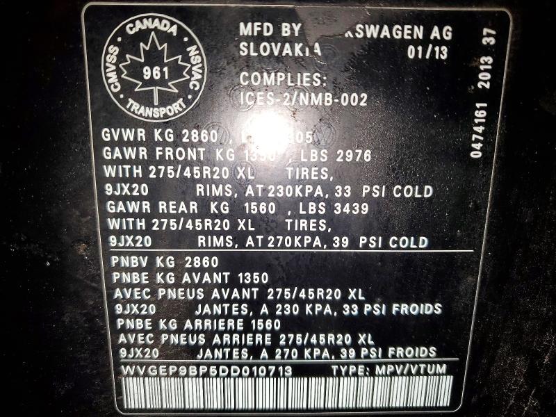 98557845 :رقم المزاد ، WVGEP9BP5DD010713 vin ، 2013 Volkswagen Touareg V6 مزاد بيع