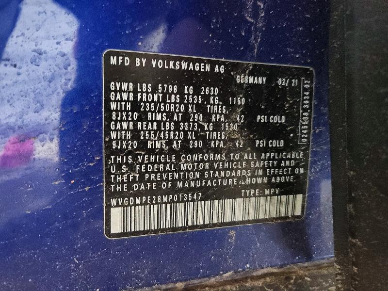 Aukcja sprzedaży 2021 Volkswagen Id.4, vin: WVGDMPE28MP013547, numer aukcji: 74210785