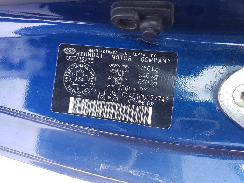 Продажа на аукционе авто 2016 Hyundai Veloster, vin: KMHTC6AE1GU277742, номер лота: 72725155