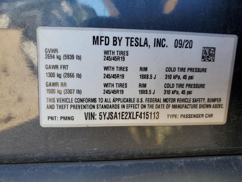 2020 Tesla Model S მანქანა იყიდება აუქციონზე, vin: 5YJSA1E2XLF415113, აუქციონის ნომერი: 72627045