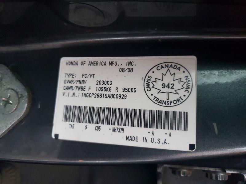 Aukcja sprzedaży 2009 Honda Accord, vin: 1HGCP26819A800929, numer aukcji: 95928625