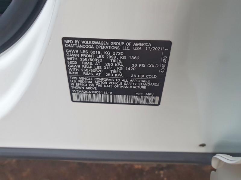 Продажа на аукционе авто 2022 Volkswagen Atlas, vin: 1V2AR2CA1NC511313, номер лота: 99730715