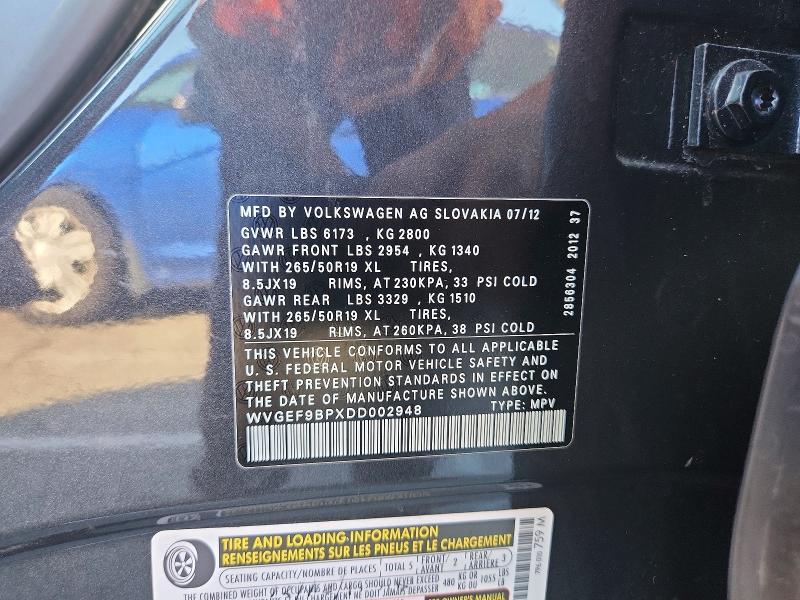 Aukcja sprzedaży 2013 Volkswagen Touareg, vin: WVGEF9BPXDD002948, numer aukcji: 73541805