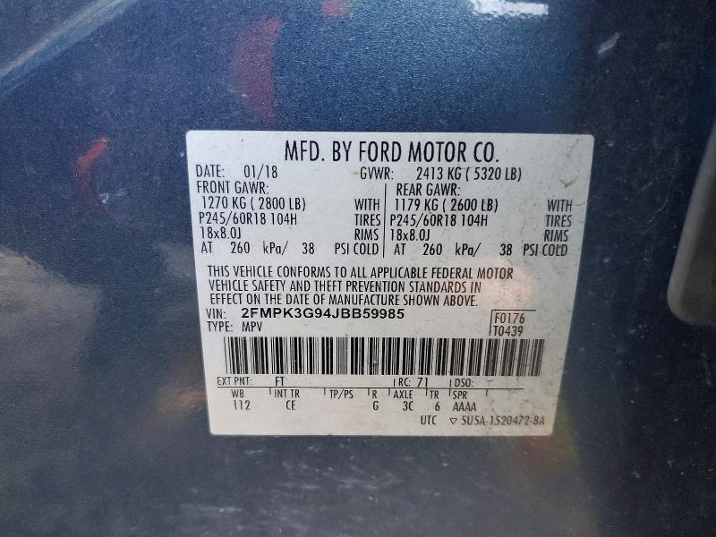 2018 Ford Edge მანქანა იყიდება აუქციონზე, vin: 2FMPK3G94JBB59985, აუქციონის ნომერი: 97541315