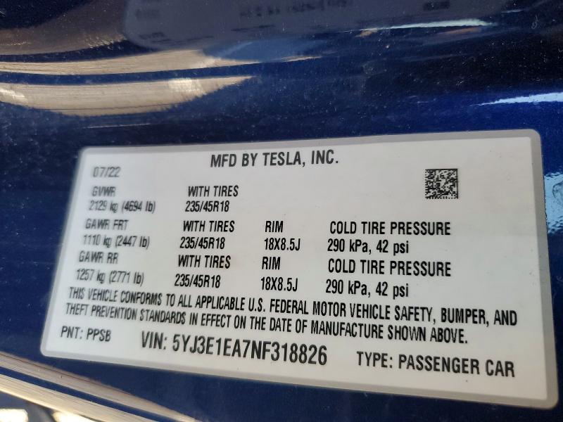 Продаж на аукціоні авто 2022 Tesla Model 3, vin: 5YJ3E1EA7NF318826, номер лоту: 73540535
