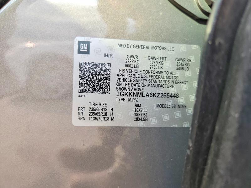 75197675 :رقم المزاد ، 1GKKNMLA6KZ265448 vin ، 2019 Gmc Acadia Slt مزاد بيع