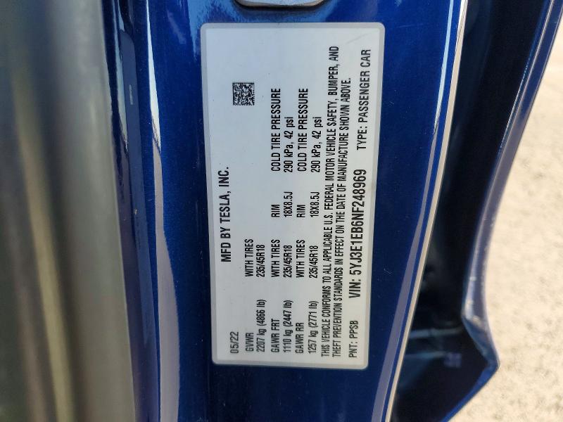 Aukcja sprzedaży 2022 Tesla Model 3, vin: 5YJ3E1EB6NF248969, numer aukcji: 74873835