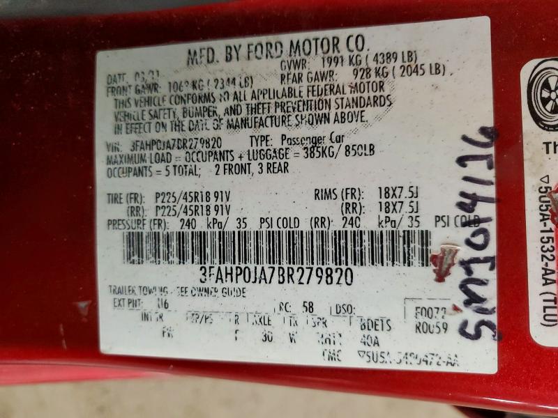 Продажа на аукционе авто 2011 Ford Fusion, vin: 3FAHP0JA7BR279820, номер лота: 72914335