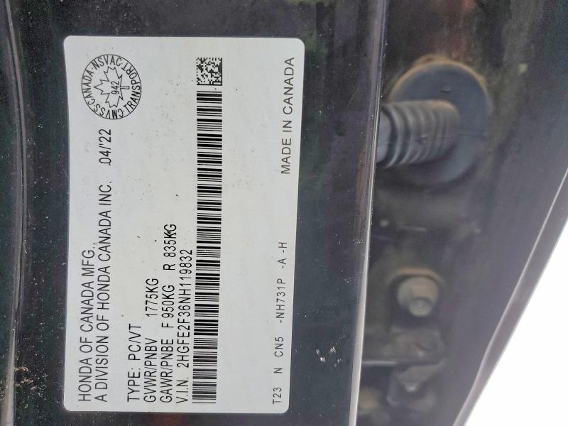 Aukcja sprzedaży 2022 Honda Civic, vin: 2HGFE2F36NH119832, numer aukcji: 99937345