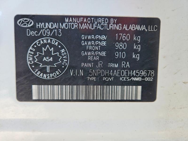 72601205 :رقم المزاد ، 5NPDH4AE0EH459678 vin ، 2014 Hyundai Elantra Se مزاد بيع