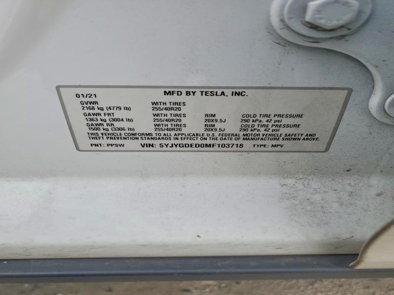 75092055 :رقم المزاد ، 5YJYGDED0MF103718 vin ، 2021 Tesla Model Y مزاد بيع