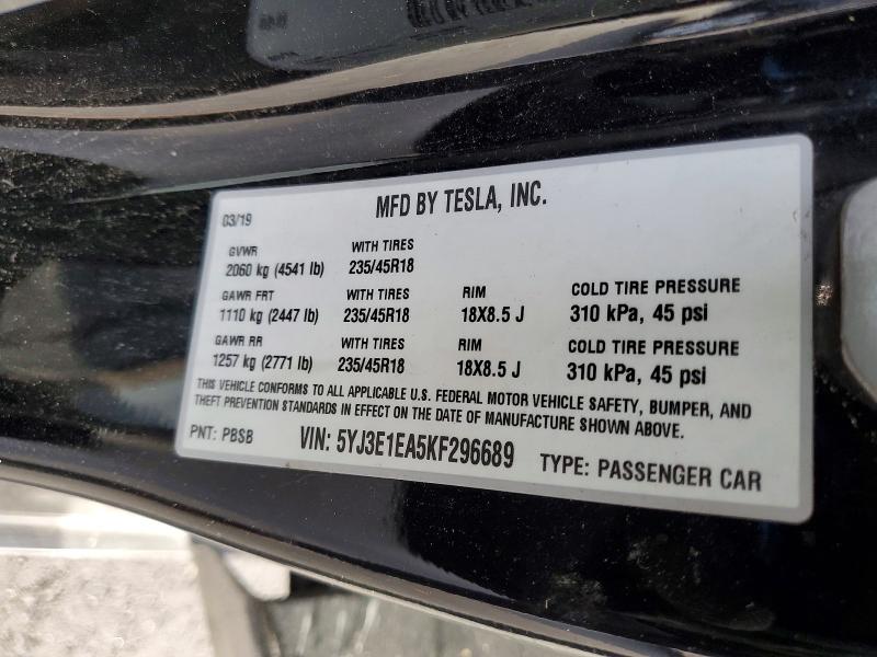 Продажа на аукционе авто 2019 Tesla Model 3, vin: 5YJ3E1EA5KF296689, номер лота: 74714135