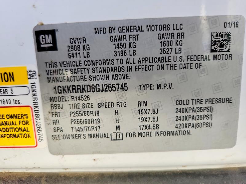 99798585 :رقم المزاد ، 1GKKRRKD8GJ265745 vin ، 2016 Gmc Acadia مزاد بيع