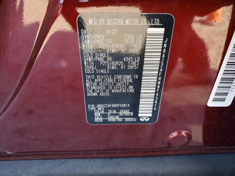 74571535 :رقم المزاد ، JN8AZ2AF8N9743814 vin ، 2022 Infiniti Qx80 مزاد بيع