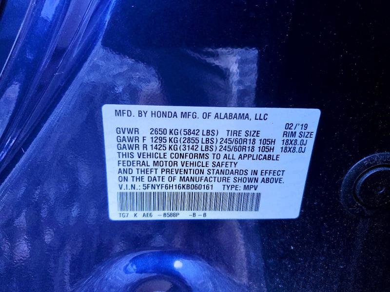 Продажа на аукционе авто 2019 Honda Pilot, vin: 5FNYF6H16KB060161, номер лота: 72218855