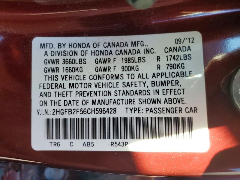 72499055 :رقم المزاد ، 2HGFB2F56CH596428 vin ، 2012 Honda Civic مزاد بيع