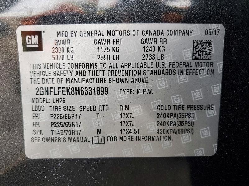 75085805 :رقم المزاد ، 2GNFLFEK8H6331899 vin ، 2017 Chevrolet Equinox مزاد بيع