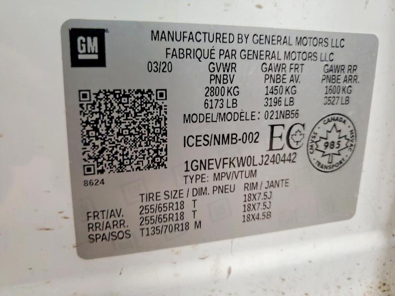 73222265 :رقم المزاد ، 1GNEVFKW0LJ240442 vin ، 2020 Chevrolet Traverse مزاد بيع