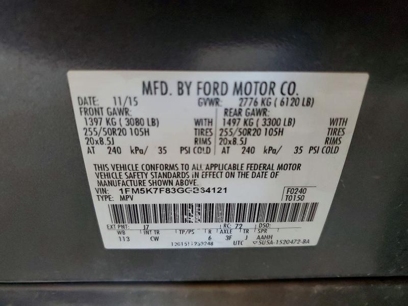Продажа на аукционе авто 2016 Ford Explorer L, vin: 1FM5K7F83GGB64121, номер лота: 72890985