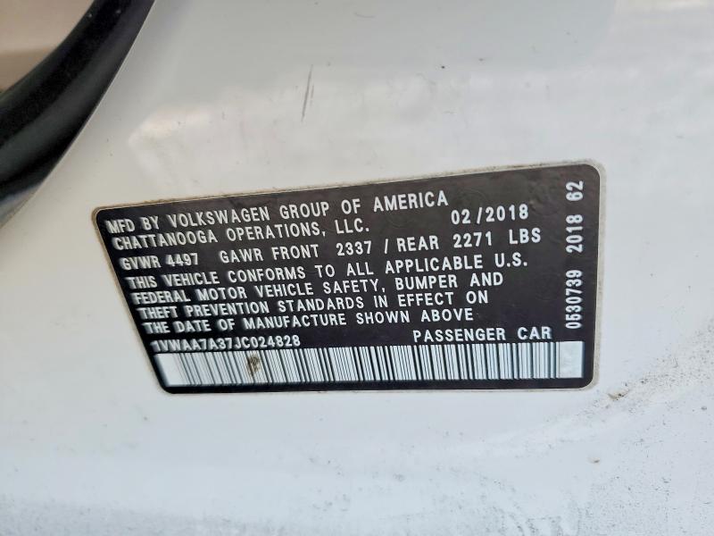 Aukcja sprzedaży 2018 Volkswagen Passat, vin: 1VWAA7A37JC024828, numer aukcji: 73960555