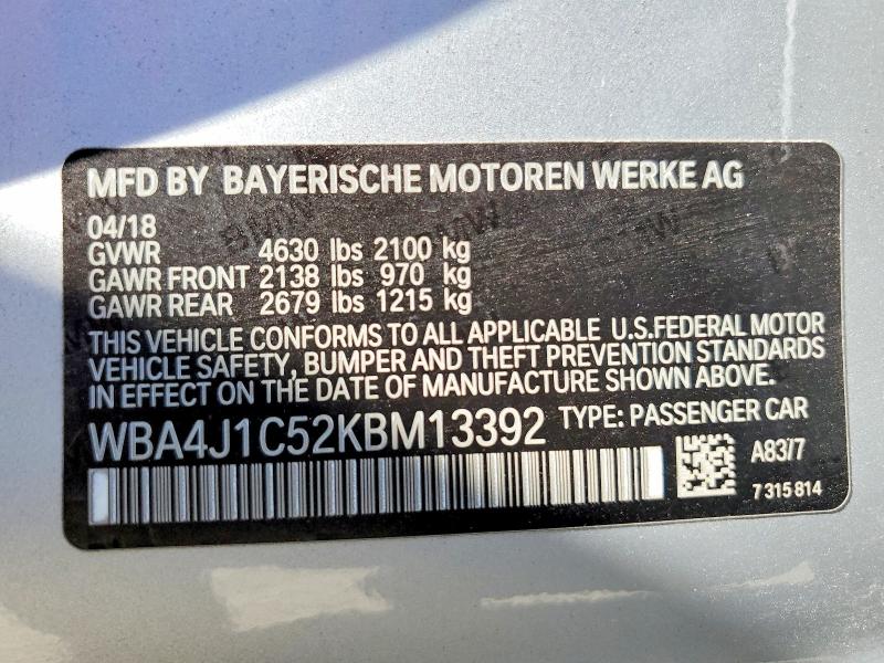 Продаж на аукціоні авто 2019 Bmw 430i, vin: WBA4J1C52KBM13392, номер лоту: 73034265