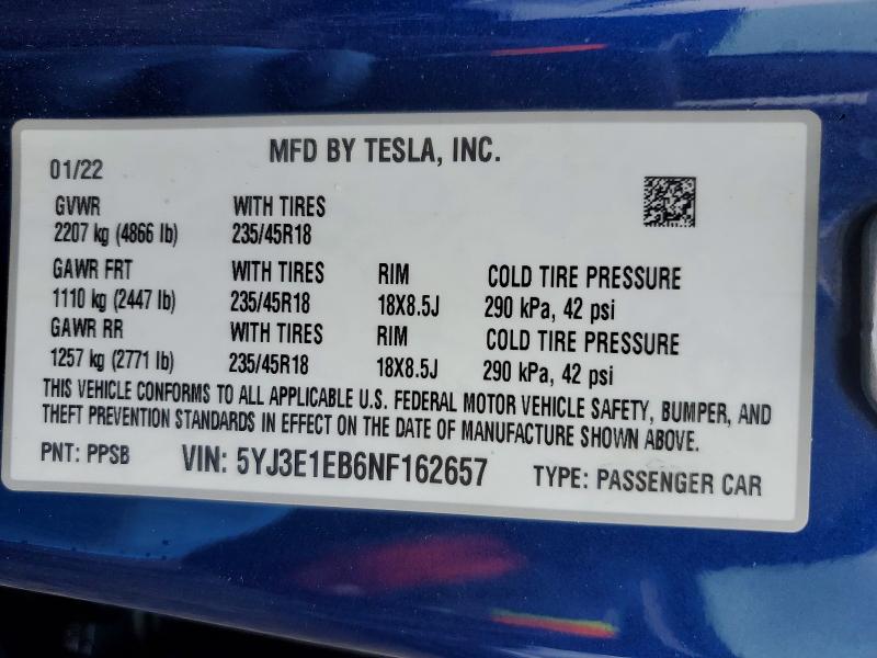 Aukcja sprzedaży 2022 Tesla Model 3, vin: 5YJ3E1EB6NF162657, numer aukcji: 99281905