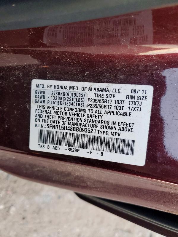Aukcja sprzedaży 2011 Honda Odyssey, vin: 5FNRL5H48BB093521, numer aukcji: 74421405