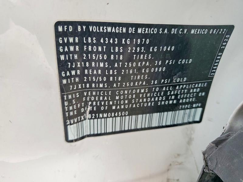 Aukcja sprzedaży 2022 Volkswagen Taos, vin: 3VVTX7B21NM084500, numer aukcji: 74422935