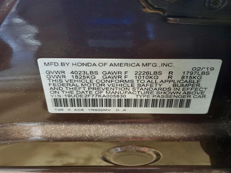73861225 :رقم المزاد ، 19UDE2F77KA005830 vin ، 2019 Acura Ilx مزاد بيع