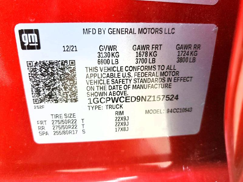 2022 Chevrolet Silverado Ltd მანქანა იყიდება აუქციონზე, vin: 1GCPWCED9NZ157524, აუქციონის ნომერი: 75002695