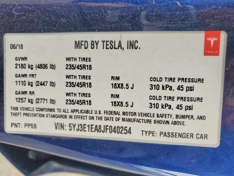 73550555 :رقم المزاد ، 5YJ3E1EA8JF040254 vin ، 2018 Tesla Model 3 مزاد بيع