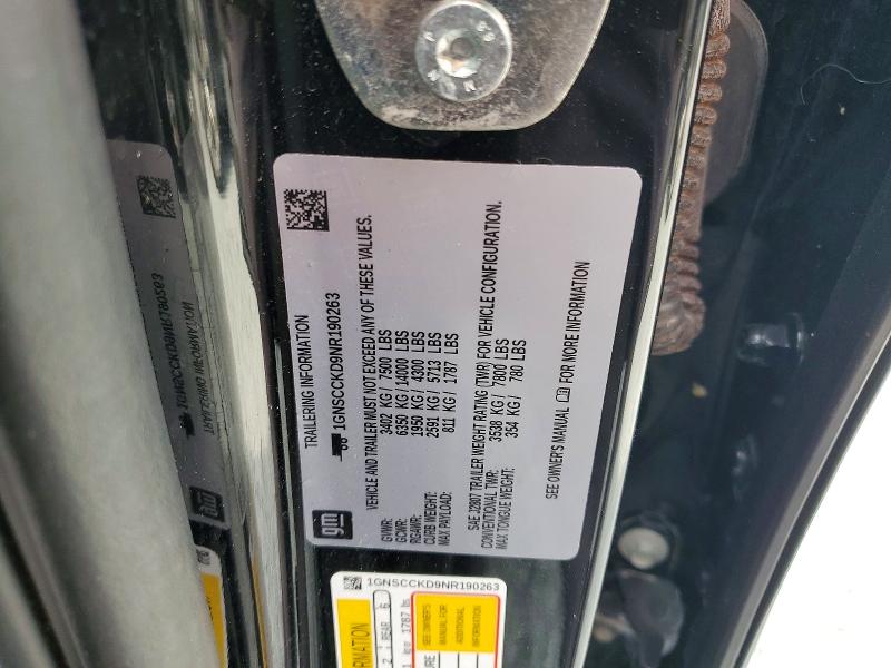 73018385 :رقم المزاد ، 1GNSCCKD9NR190263 vin ، 2022 Chevrolet Suburban مزاد بيع