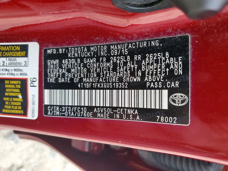 2016 Toyota Camry Le მანქანა იყიდება აუქციონზე, vin: 4T1BF1FKXGU519352, აუქციონის ნომერი: 98148395