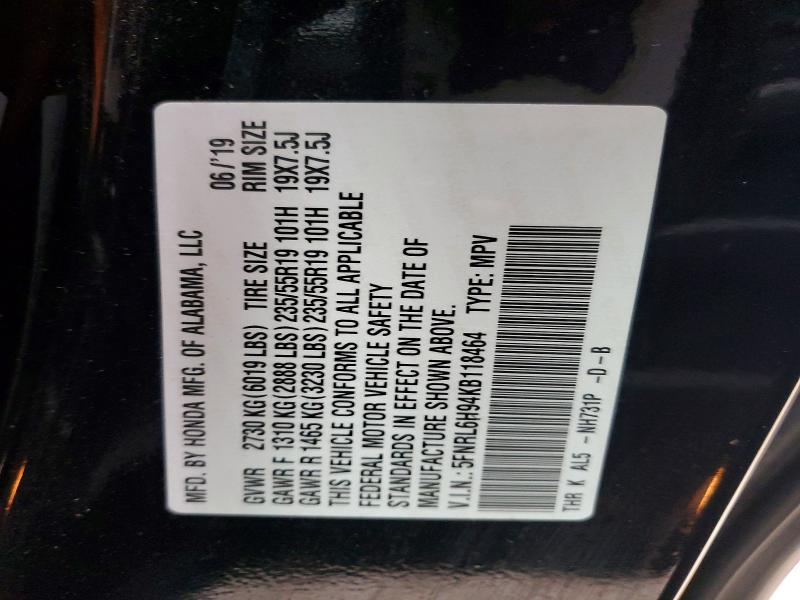 72227375 :رقم المزاد ، 5FNRL6H94KB118464 vin ، 2019 Honda Odyssey El مزاد بيع