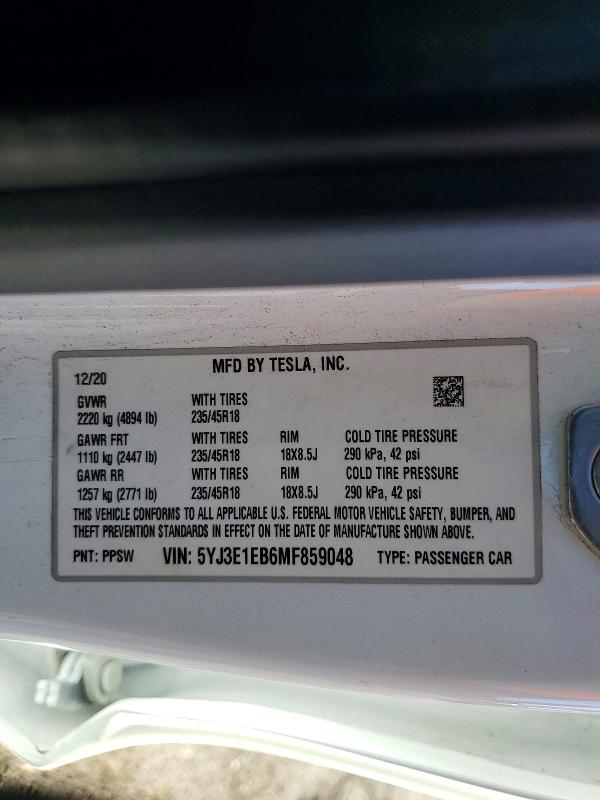 74684785 :رقم المزاد ، 5YJ3E1EB6MF859048 vin ، 2021 Tesla Model 3 مزاد بيع