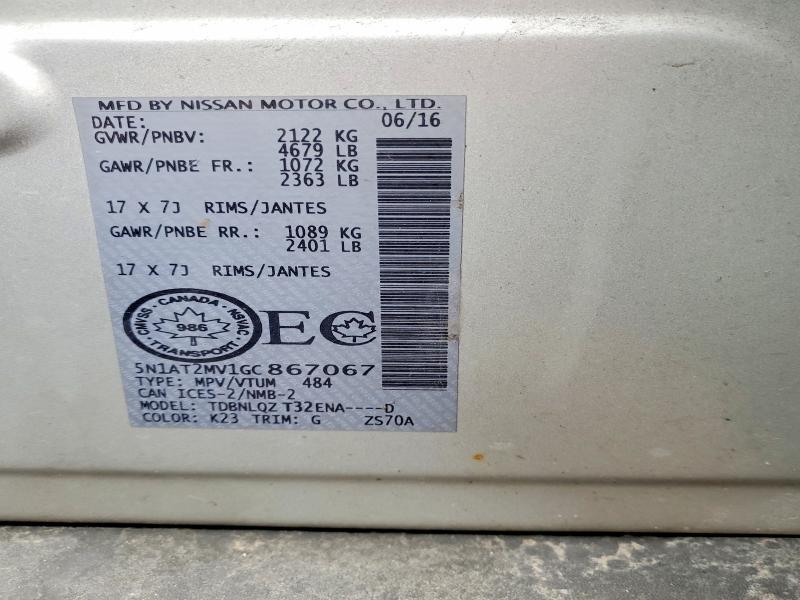 99669085 :رقم المزاد ، 5N1AT2MV1GC867067 vin ، 2016 Nissan Rogue مزاد بيع
