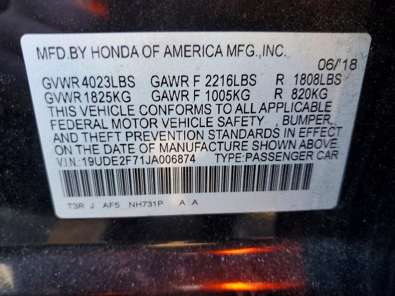 74053125 :رقم المزاد ، 19UDE2F71JA006874 vin ، 2018 Acura Ilx مزاد بيع