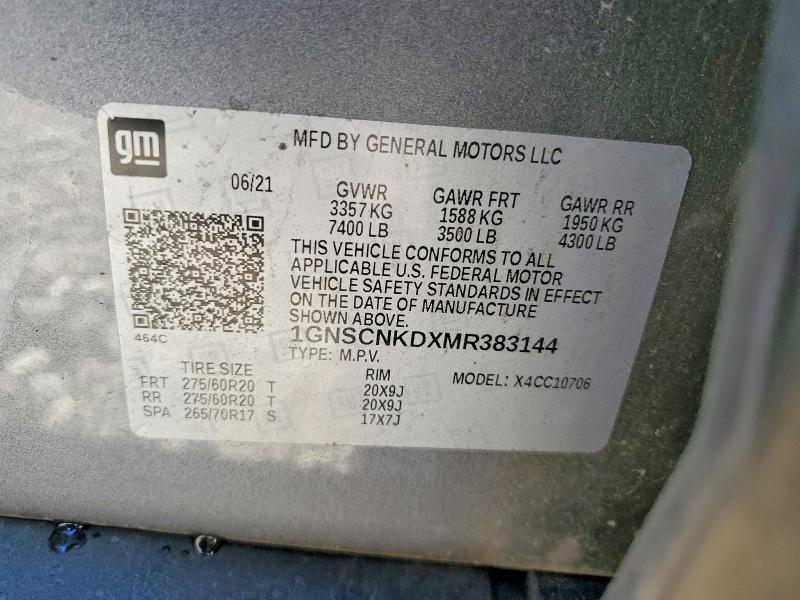 72992715 :رقم المزاد ، 1GNSCNKDXMR383144 vin ، 2021 Chevrolet Tahoe مزاد بيع