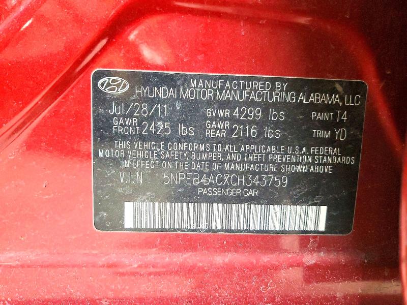 Aukcja sprzedaży 2012 Hyundai Sonata, vin: 5NPEB4ACXCH343759, numer aukcji: 99300735
