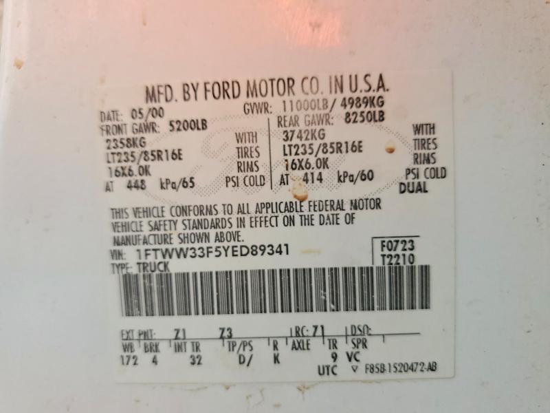 98469095 :رقم المزاد ، 1FTWW33F5YED89341 vin ، 2000 Ford F350 مزاد بيع