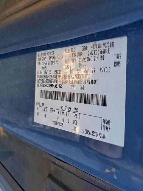 2021 Ford Transit მანქანა იყიდება აუქციონზე, vin: 1FTBR3X86MKA83195, აუქციონის ნომერი: 48709276