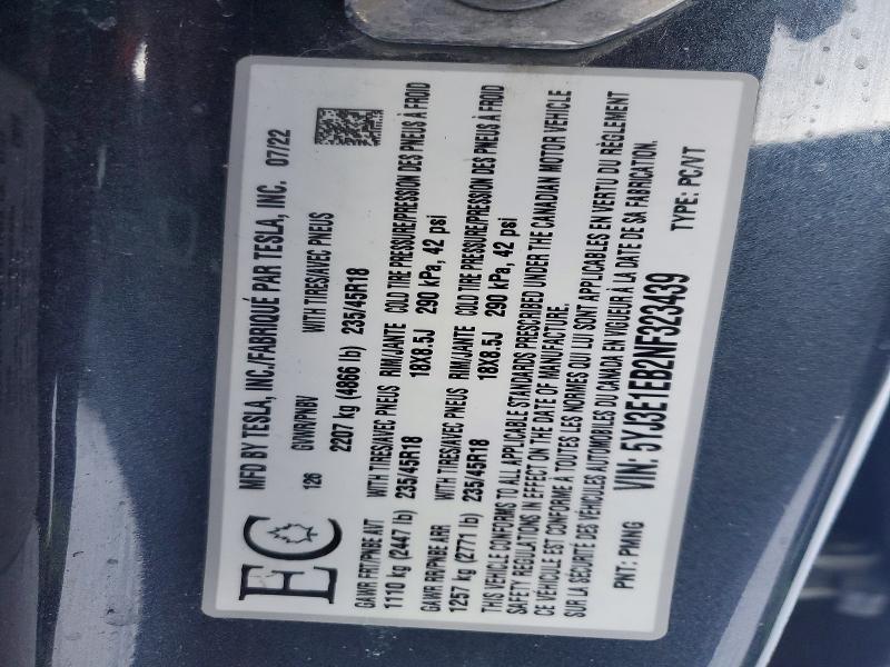 Продажа на аукционе авто 2022 Tesla Model 3, vin: 5YJ3E1EB2NF323439, номер лота: 73718115